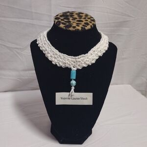 White Crochet Necklace with Blue Bead